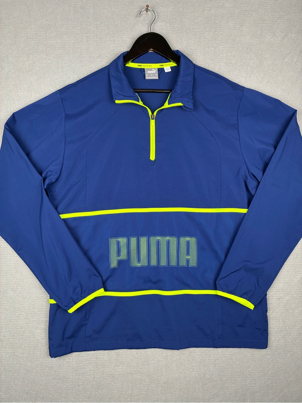 Puma Men’s Large Royal Blue Half-Zip Windbreaker with Neon Yellow Trim